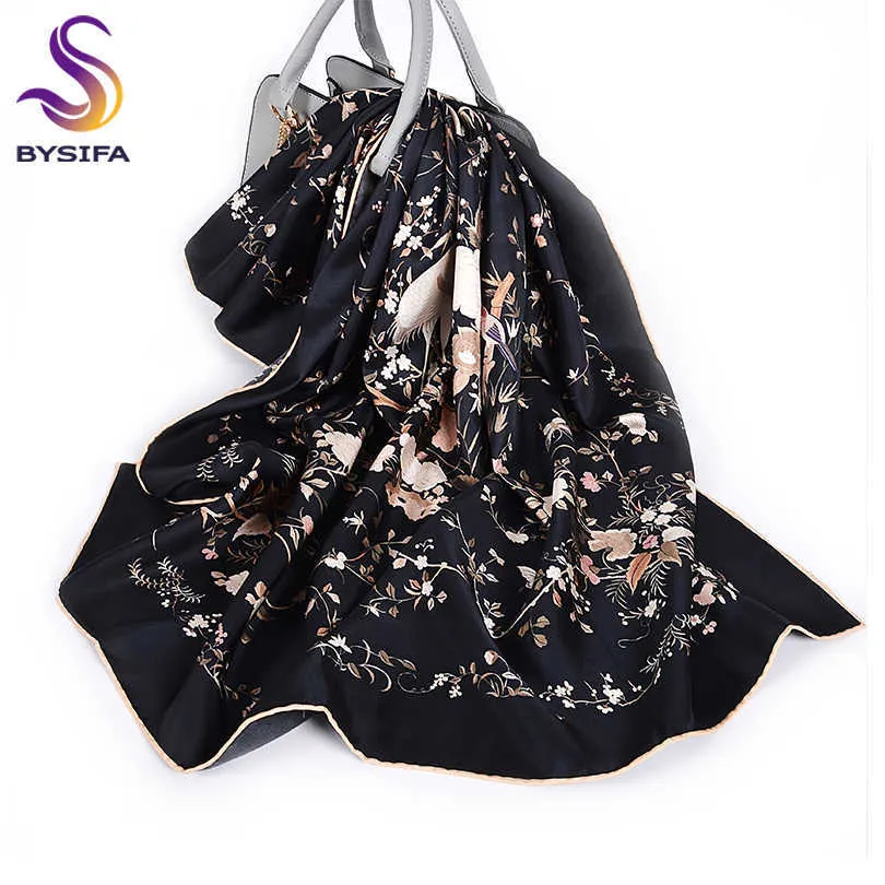 [BYSIFA] Nouveau Luxe Pure Soie Écharpe Châle Femmes Noir Twill Grand Carré Foulards Automne Hiver Dames Cou Foulards Hijabs 88 * 88 cm Q0828