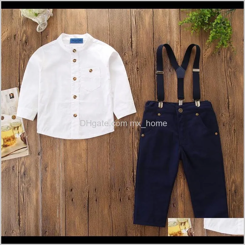 baby boy suits white shirt solid fastener navy pants kids clothes suspenders single row buckle pocket zipper long sleeve outfits