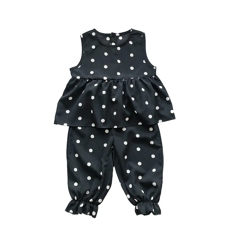 2-6Y夏の女の赤ちゃん服スーツの幼児の女の子のポルカのドットノースリーブの上の+トリミングされたズボン2pcs衣料品セット210515