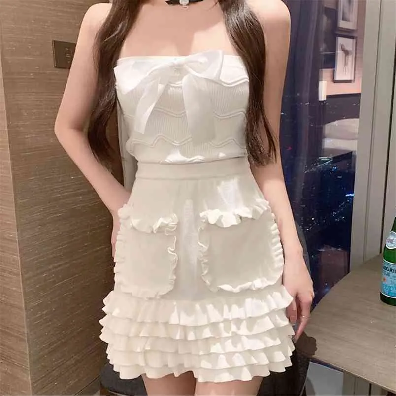 Spring Summer Sweet 2 Piece Set Women Bow Crop Top + Ruffled Knitted Mini Skirt Suits Button Up Elegant Sexy Skirts Sets 210514