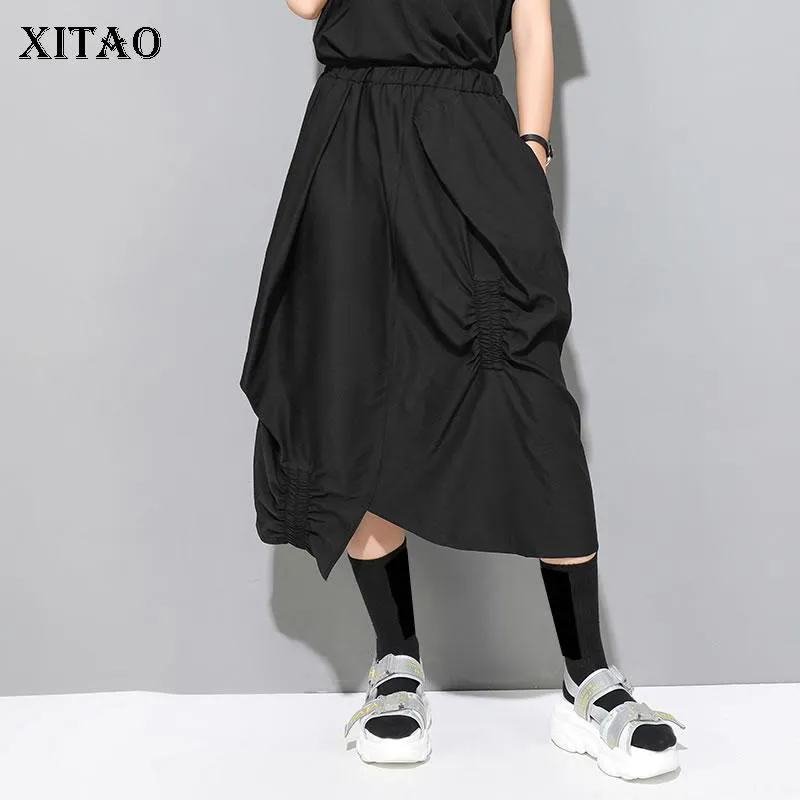 스커트 Xitao 유럽 원래의 블랙 느슨한 탄성 허리 비대칭 여성 스커트 캐주얼 패션 2021 여름 작은 신선한 DMY4998
