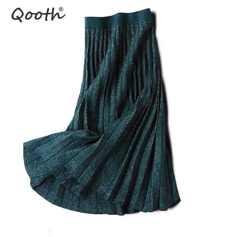Qooth printemps été paillettes élégant femme jupes plissées taille élastique fil doré tricoté femmes Midi QH1787 210609