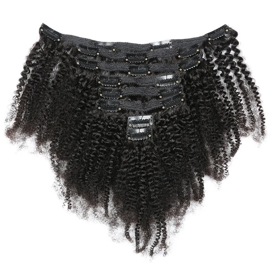 Extensions de cheveux Afro crépus bouclés à clips, cheveux humains mongoliens, couleur naturelle, 8 pièces/ensemble, 120g, pour femmes noires