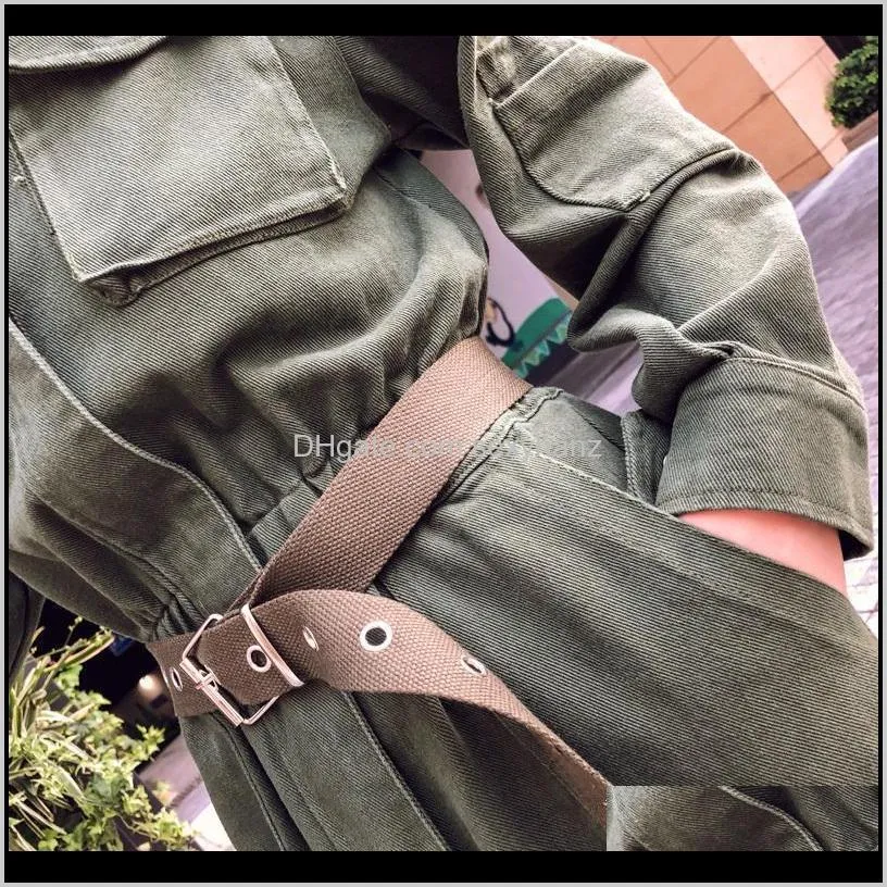 women vintage workwear slim jeans jumpsuit high waist street wear belt romper army green denim overalls  work suit a9209