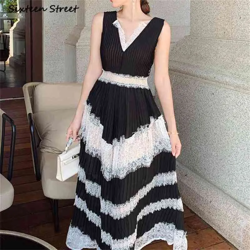 Boho Summer Dresses for Woman V-neck Black Lace Maxi Vestido Sleeveless Runway Party Elegant Long Female 210603