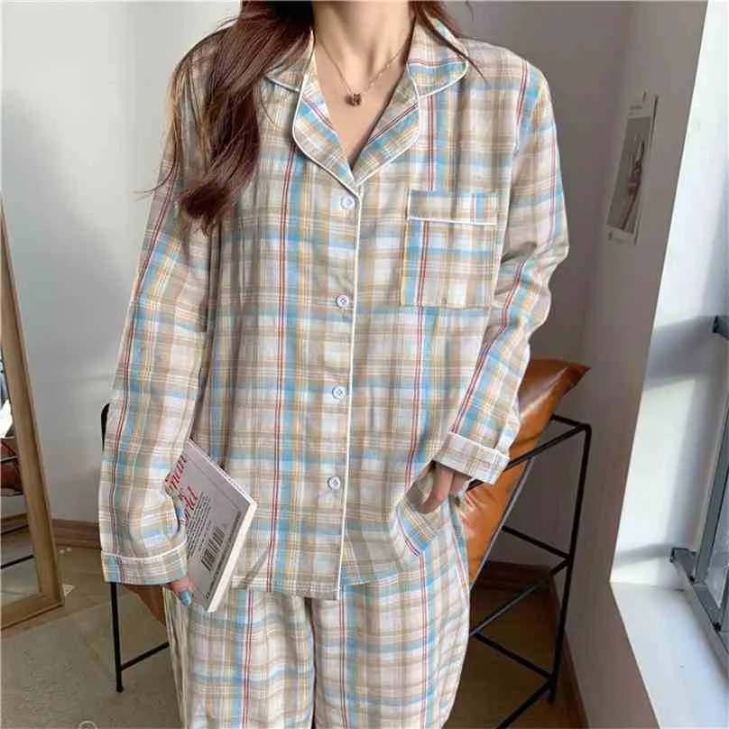 Sweet Sleepwear Warm Cute Plaid Gentle Two-Piece Outwear Suits Ställer Chic Women Soft Loose Pyjamas Hemkläder 210525