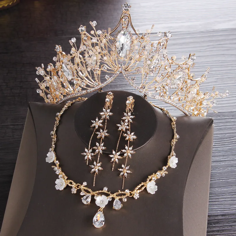 Acessórios de casamento Jóias de ouro Coroas de noiva Tiaras Cabelo Headpiece Colar Brincos Acessórios Conjuntos de joias de casamento preço moda estilo noiva 3 peças