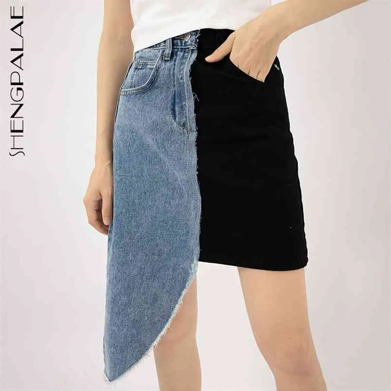 patchwork contrast color skirt women's summer high waist irregular mini denim skirts female fashion 5E311 210427