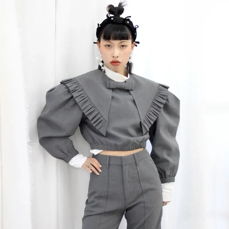 Fashion All-match Office Lady Simple Vacation Casual Lapel Edible Tree Fungus Bowknot Puff Sleeve Shirt 16F1188 210510