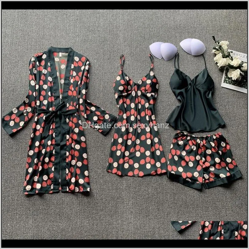 women 4 pieces pajamas sets satin sleepwear silk nightwear pyjama spaghetti strap sleep lounge pijama with chest pads1