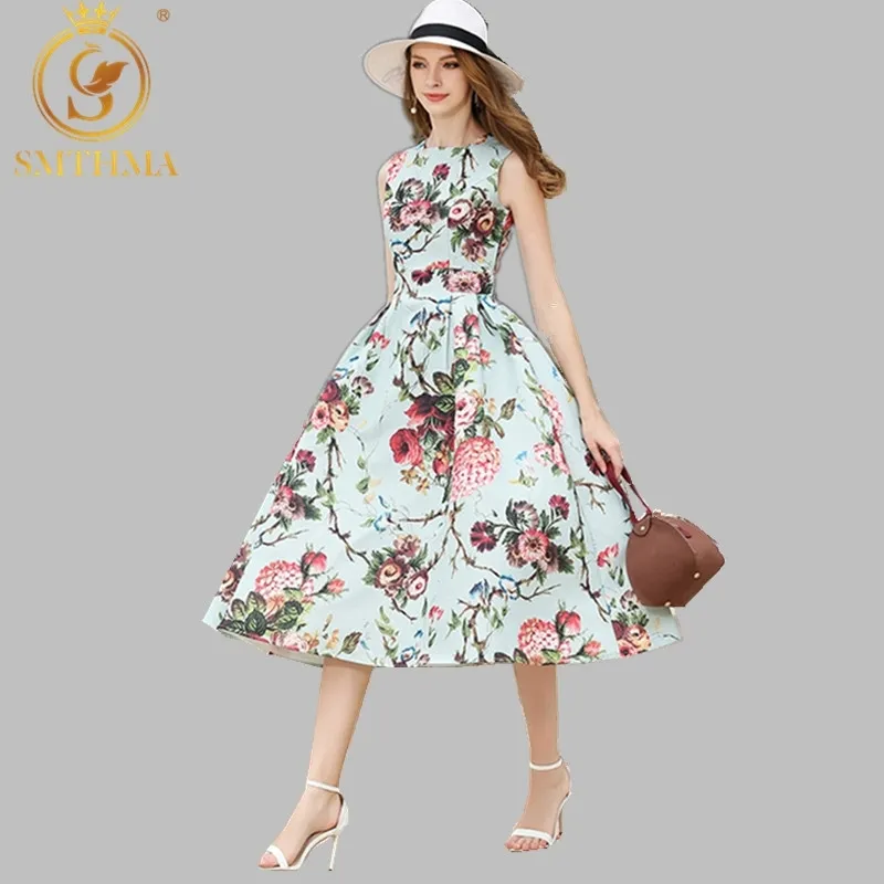 Robe d'été de haute qualité de styliste de mode, sans manches, imprimé floral, robes de soirée, 210520