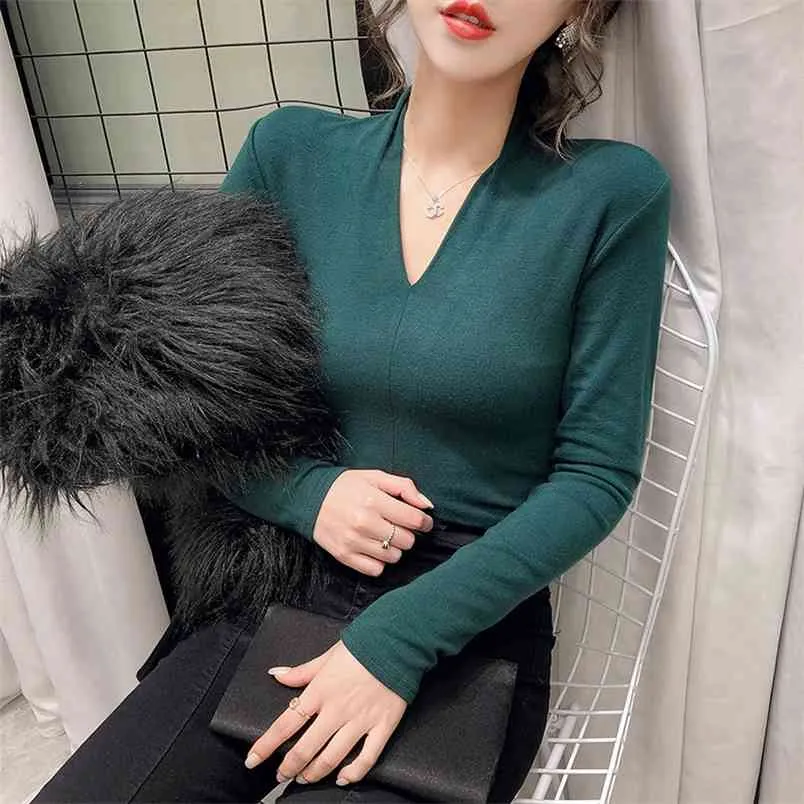 Women's Spring Autumn Tops European Style Solid Color V-neck Long-sleeved Tight-fitting Slimming Bottoming LL225 210506