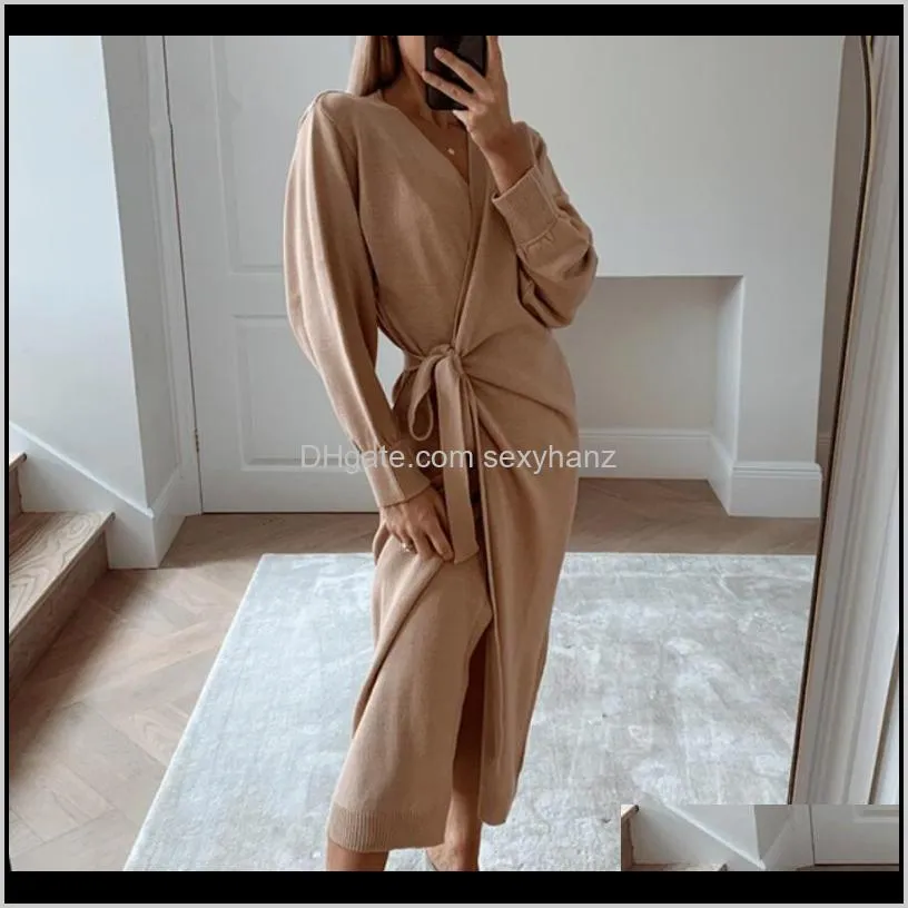 2021 long women knitted wrap dress winter oversize elegant day dress spring sexy v neck knitwear robe ladies clothes