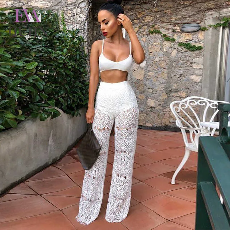 EvaQueen Sexy 2 piece Set Women Spaghetti Strap Lace White Two Piece Set top and pants outfits Ladies Women Set Backless Black Y0625