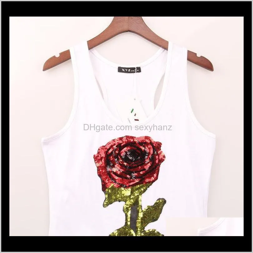 sexy woman tops summer t shirts for women sleeveless sequined black white flower rose t-shirts s-xl