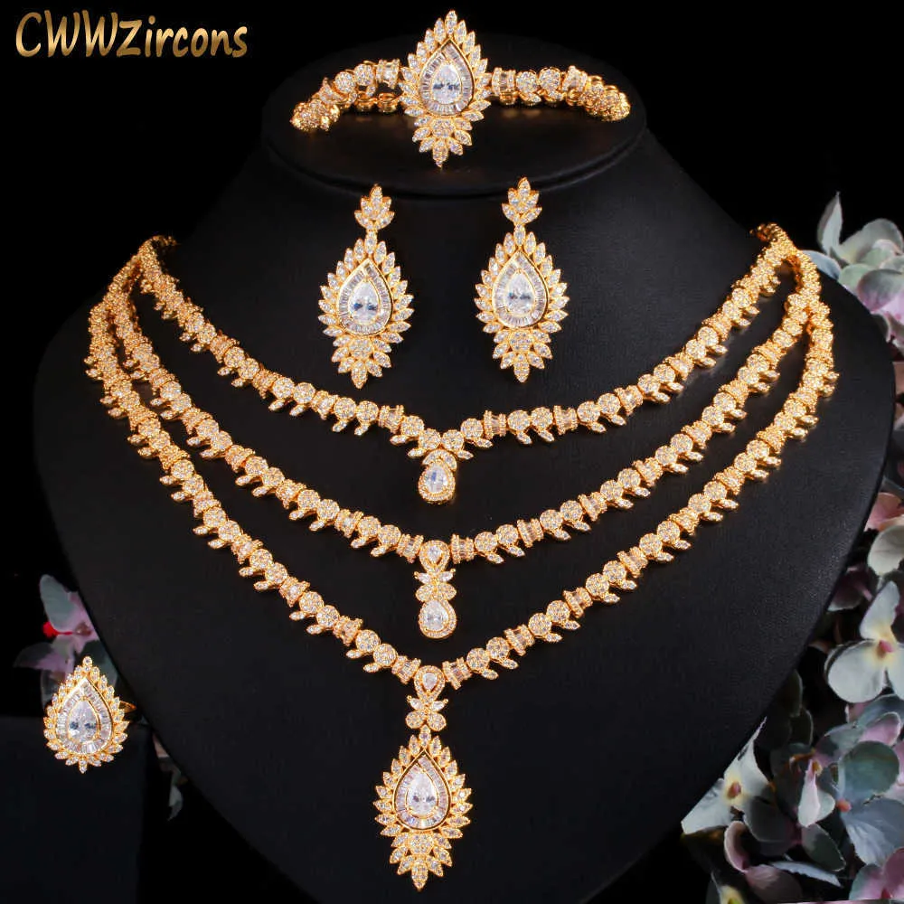 CWWZircons 4 Pcs Cubic Zirconia Pave African Dubai Gold Color Big Necklace Luxury Women Jewelry Set Wedding Accessories T510 H1022