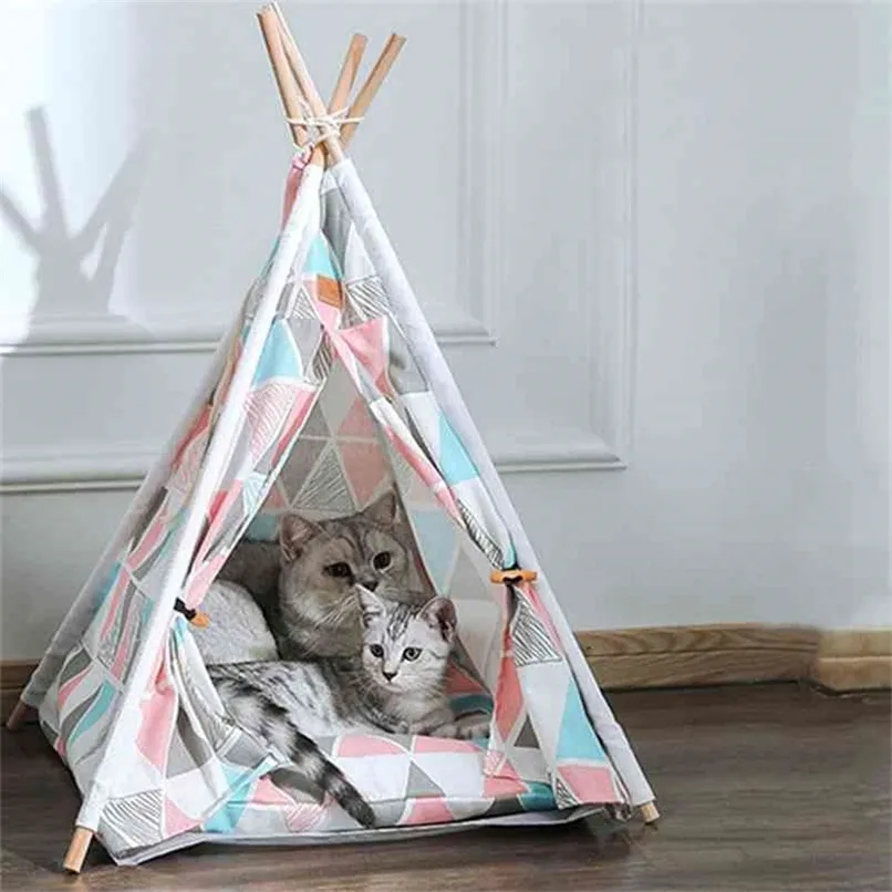 Pet Tent House Cat Bed Portable Teepee Thick Cushion Available for Dog Puppy Outdoor Indoor Portable Linen Pet Dog Tent Supplies 210915