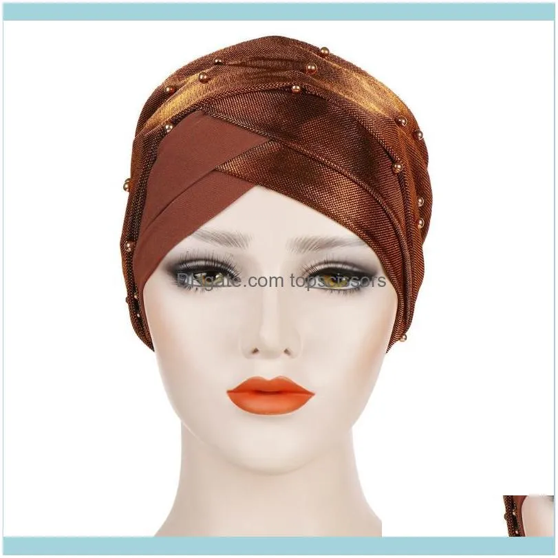 Helisopus Muslim Headdress Turban Cap For Women Solid Beads Hijabs Bonnet Arab Wrap Head Scarf Islamic Turbantes Accessories1