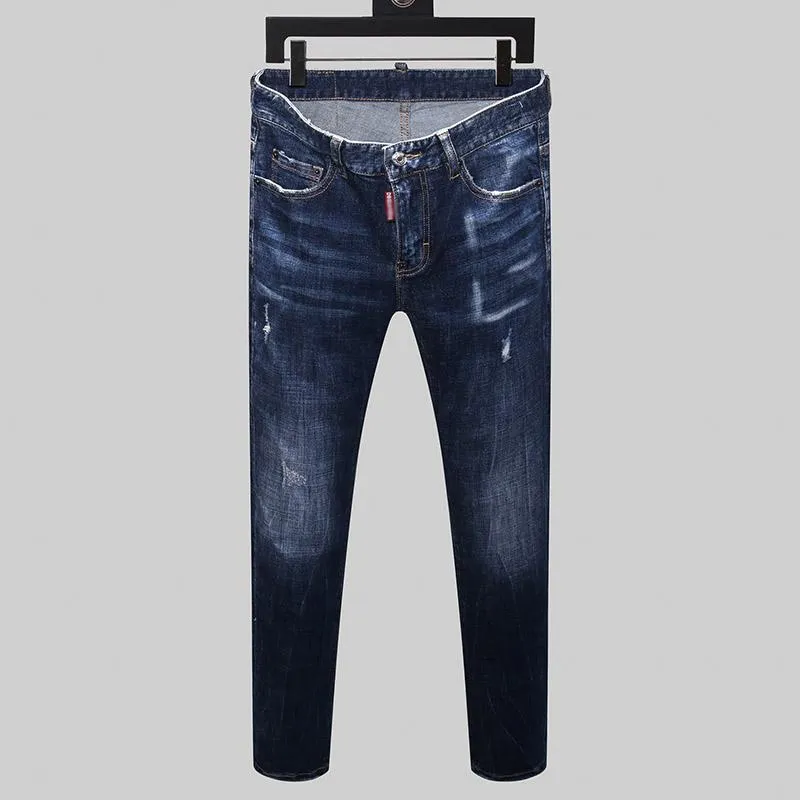 Brand Style Style Mens Slim Elastic Jeans Uomo Dritto Denim Pantaloni Zipper Patchwork Blue Hole per 8153 Uomo