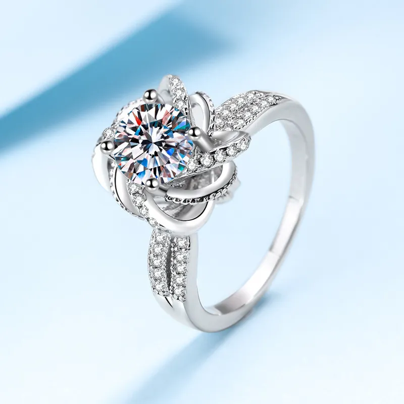 Anillos de compromiso de diamantes de plata de ley 925 para mujer, anillo de moissanita de Color VVS1 D de 1 CT, anillo de boda con fuente, joyería fina