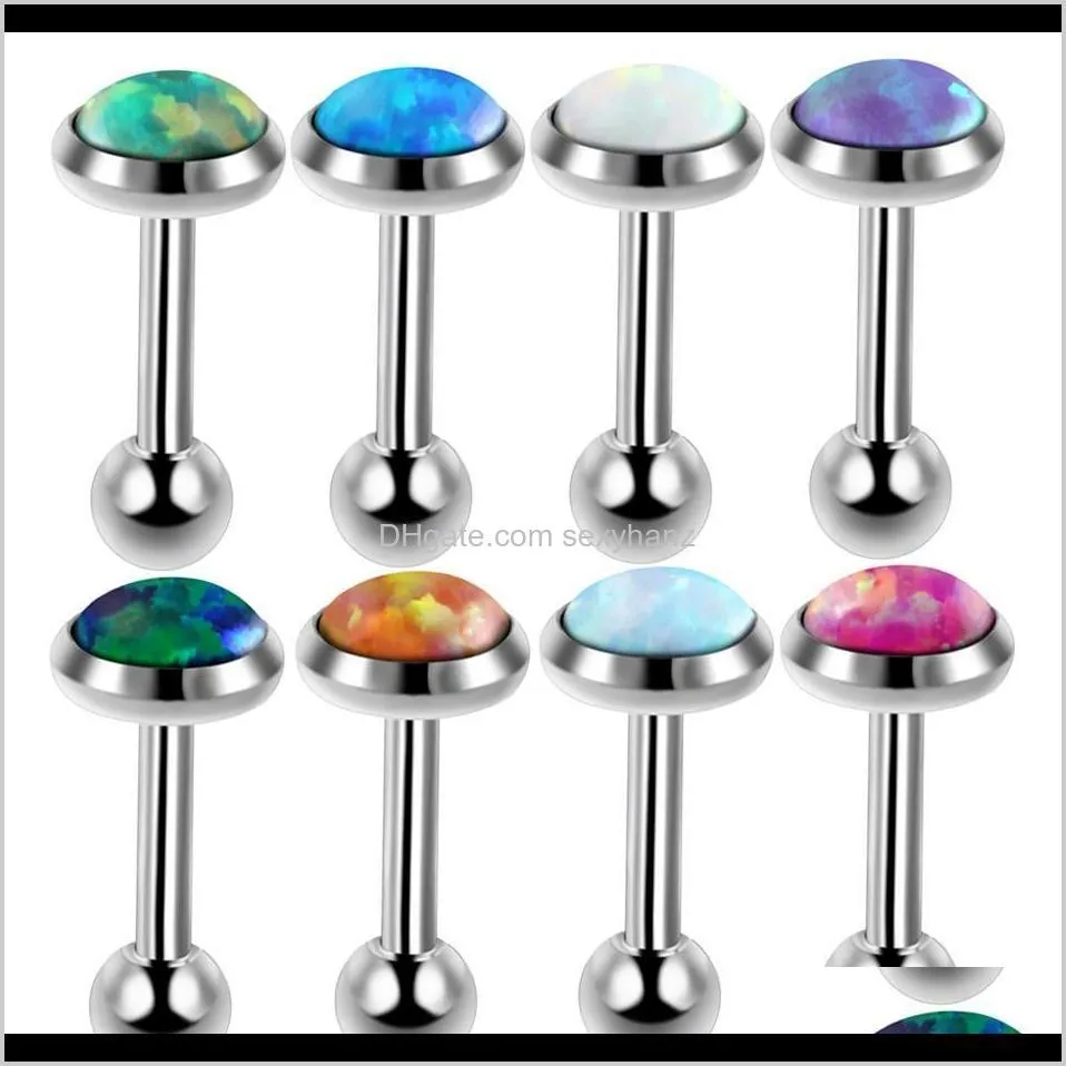 Anelli per lingua 8Pcslot Acciaio inossidabile Pietra opale Orecchio Trago Cartilagine Helix Piercing Orecchino Bilanciere Stud Piercing labbra Gioielli per il corpo 16 Wtvht