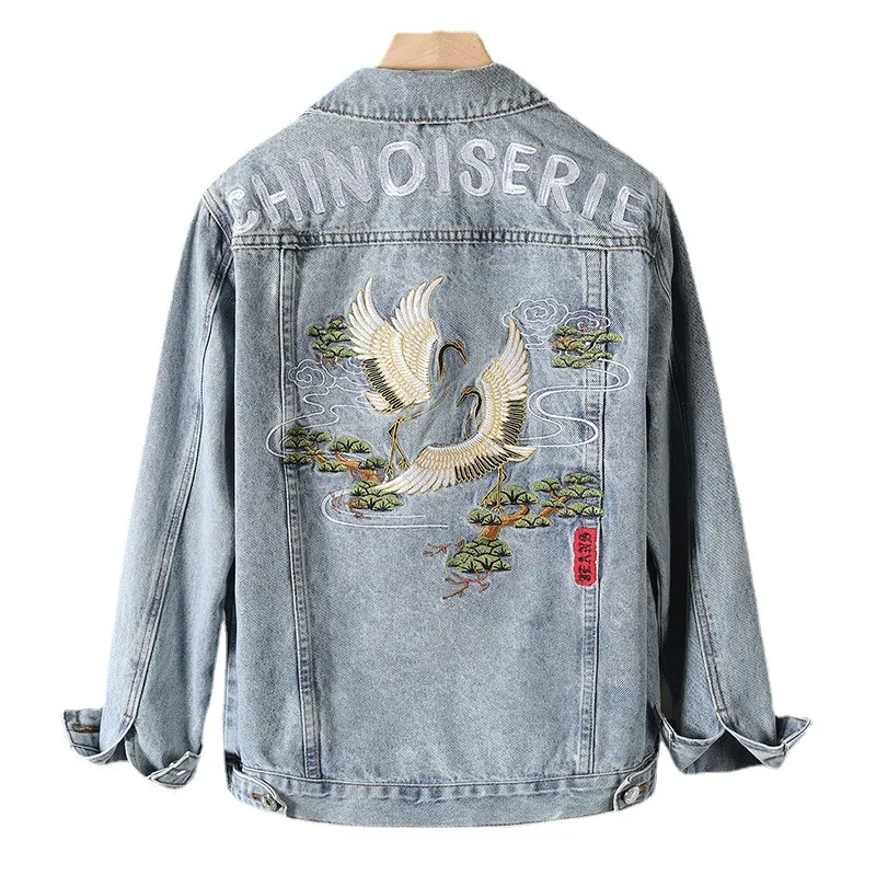 Herfst Heren Chinoiserie Geborduurde Kranen Chinese Stijl Denim Jas Mode Japanse Streetwear Kleding Jassen 5XL