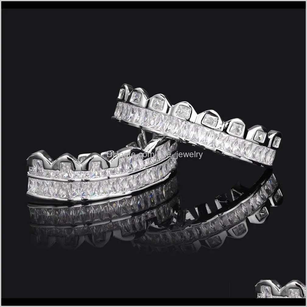 new plated hip hop teeth grillz top & bottom grills set with silicone real shiny grill sets bling a+++ cubic zircon