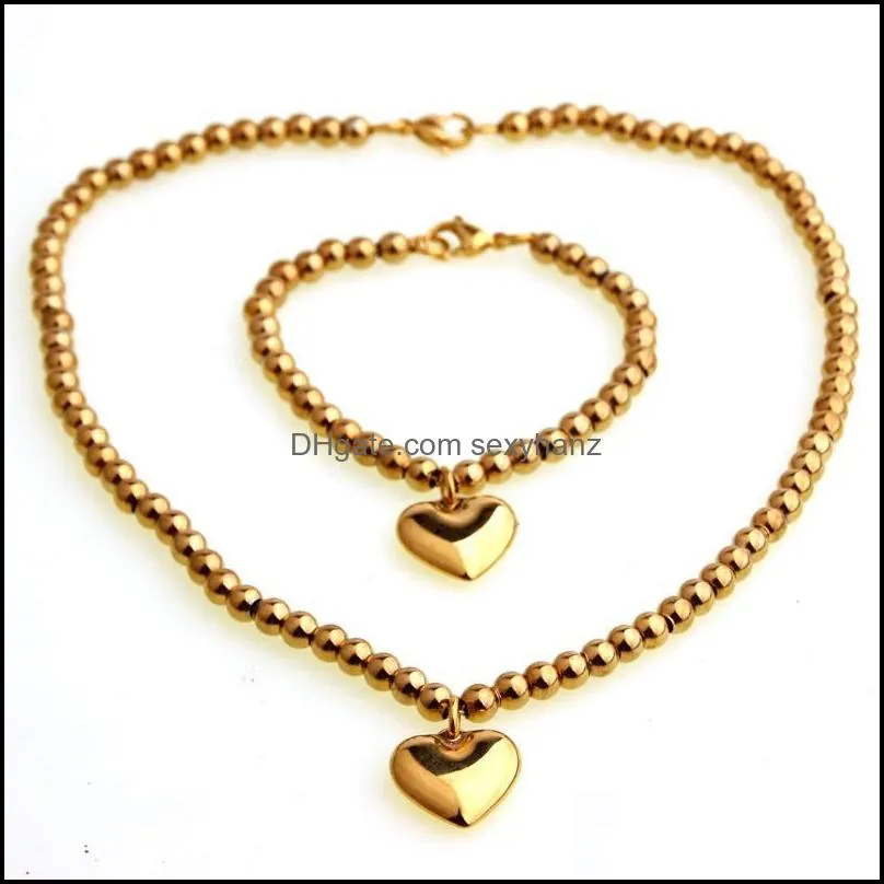 Earrings & Necklace 6mm Golden Stainless Steel Beads Necklaces Bracelets Heart-shaped Accessories Set, Women`s Jewelry