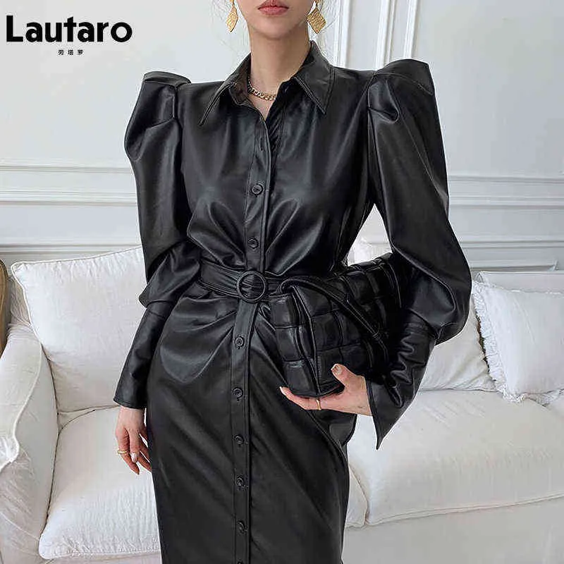 Lautaro Autumn Long Soft Black Faux Leather Shirt Dress Belt Puff Long Sleeve Buttons Elegant Luxury Stylish Dresses for Women G1215