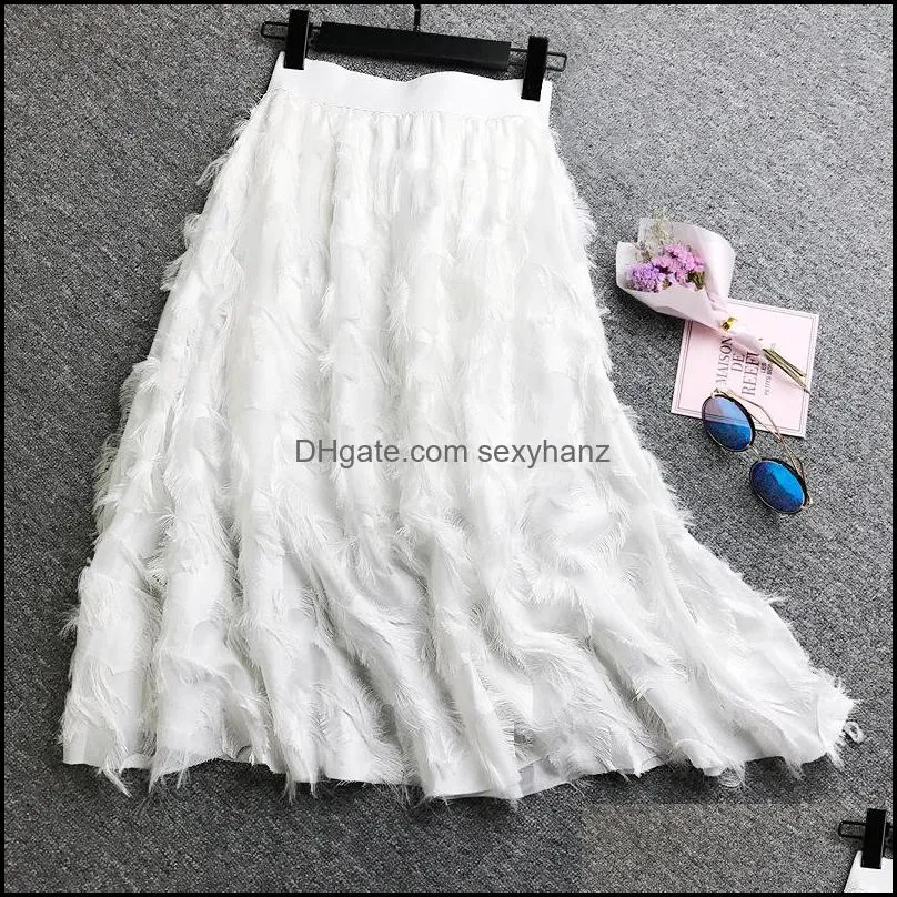 Skirts Feather Pattern Tassels High Waist Skirt Basis Temperament Show Lanky Half-body Woman 2021 Chiffon