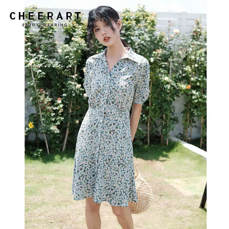 デイジードレス女性半袖カラーボタンアップニーレングスフローラルライン夏のシャツ韓国のファッション210427