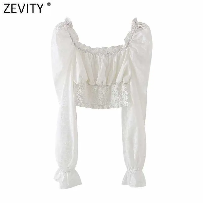 Zeefity Women Agaric Lace Square Collar Hem Elastische korte Smock Blouse Vrouwelijke Ruches Casual Shirt ChiCh Blusas Tops LS7556 210603