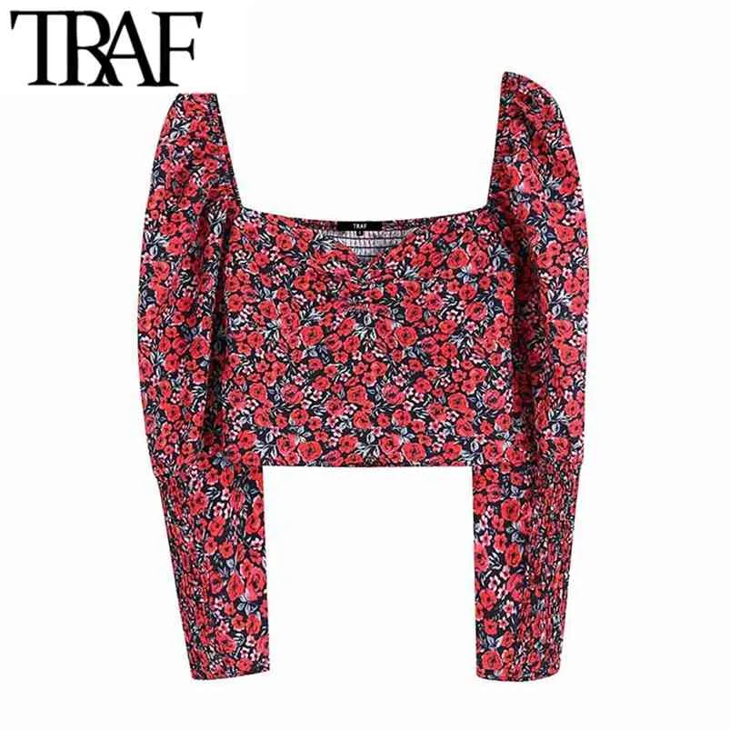 Women Vintage Stylish Floral Print Short Style Blouses Fashion V Neck Long Sleeve Back Elastic Female Shirts Chic Crop Top 210507