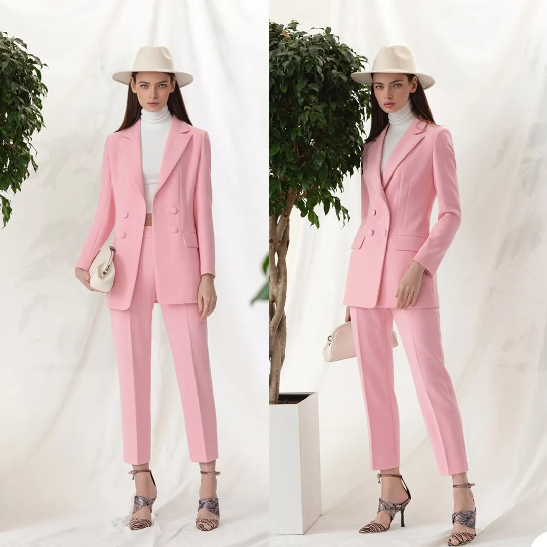 Graceful Pink Blazer Passar Kvinnor 2 stycken Slim Fit Double Breasted Evening Party Prom Office Lady Outfit Tuxedos (Jacka + Byxor)