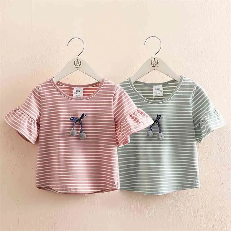 Zomer Nieuwigheid 2-10 jaar kinderen Tops Kleding O-hals Trumpet Flare Korte Mouw Boog Gestreepte T-shirt voor Baby Kids Girl 210701