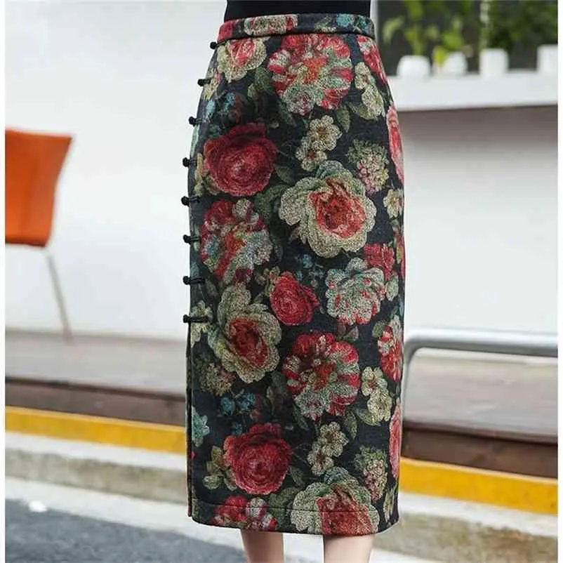 Chinese Style Vintage Floral Printed Woolen Pencil Skirt High