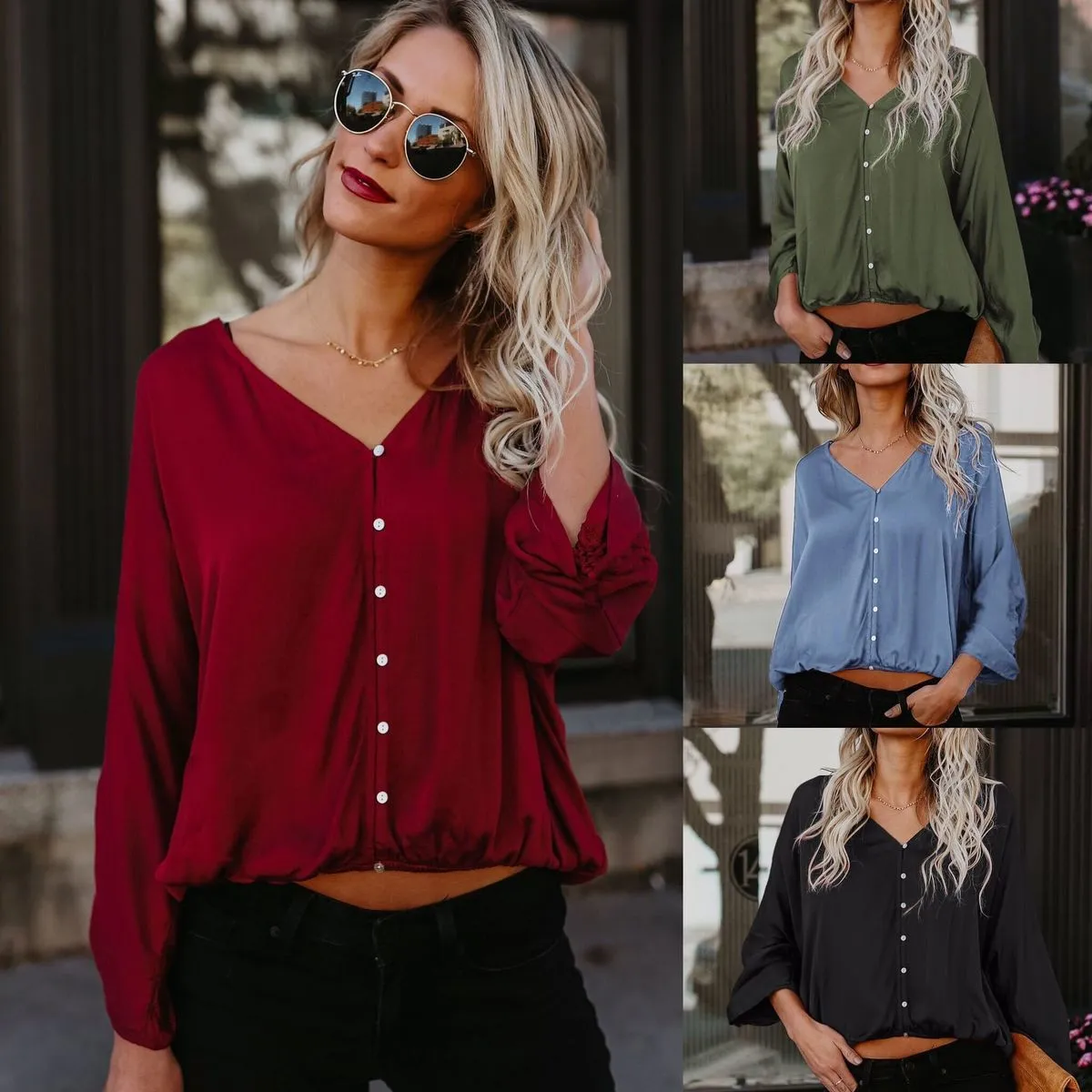 Compra Blusa De Manga Larga Casual Mujeres Con Cuello En V Cuello De Cuello  Suelto Confort De Las Damas T Shirts Moda Feminina Ropa Barata China *  X0521 Barato | Entrega Rápida
