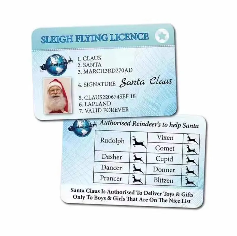 Santa Claus Flight Cards Sleigh Riding Licence Tree Ornament Christmas Decoration Old Man Driver License Entertainment Props 70922A