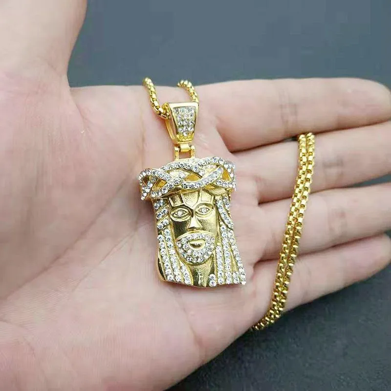 Hip Hop Bling Ouro Cor Aço Inoxidável Jesus Peça Pingentes Colar Para Homens Rapper Jóias Gotas De Pingente Colares