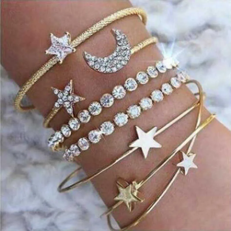 Meyfflin Punk Moon Star Crystal Bacelets Braccialetti per gioielli da donna Moda Oro Argento Colore Polsino Bracciale Pulseiras Bijoux Q0719
