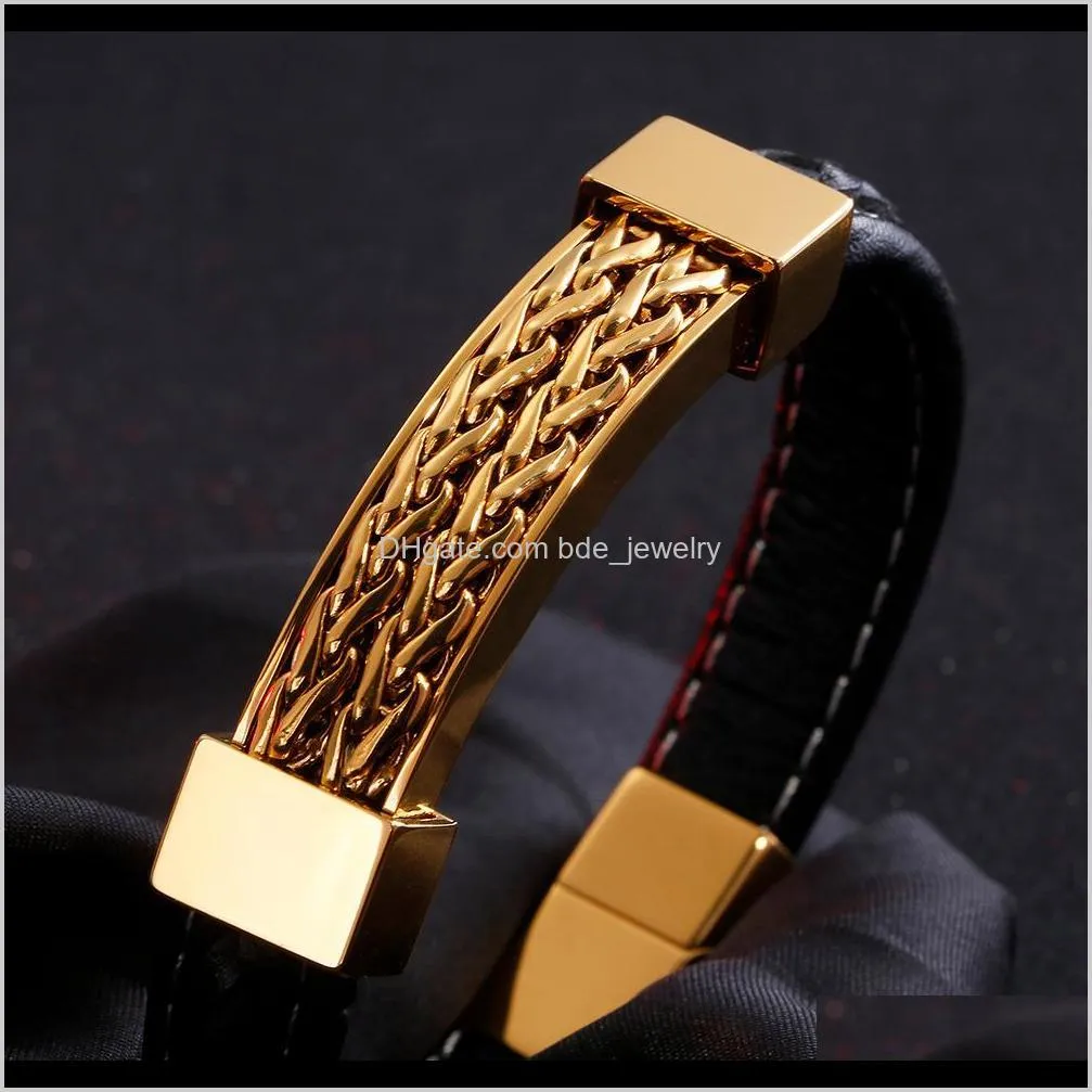 wrap leather bracelet for man fashion gold stainless steel mens bracelets men`s jewelry braided genuine leather boyfriend gifts