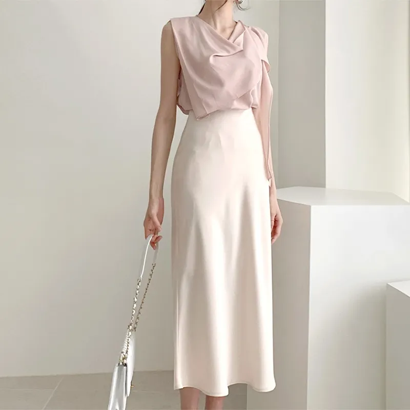 Elegant hög midja Satin kjol Kvinnor Casual A-Line Midi Silk Slim Sommar Höst 210515