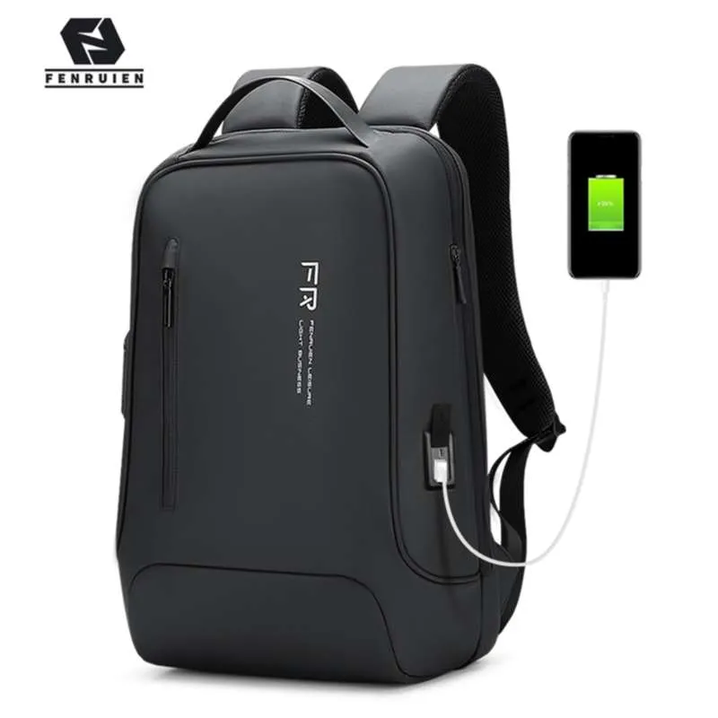 Mochila Fenruien Mochila para portátil de 15,6 pulgadas Mochila negra para hombres Carga USB Mochila de viaje de negocios Impermeable antirrobo 210929