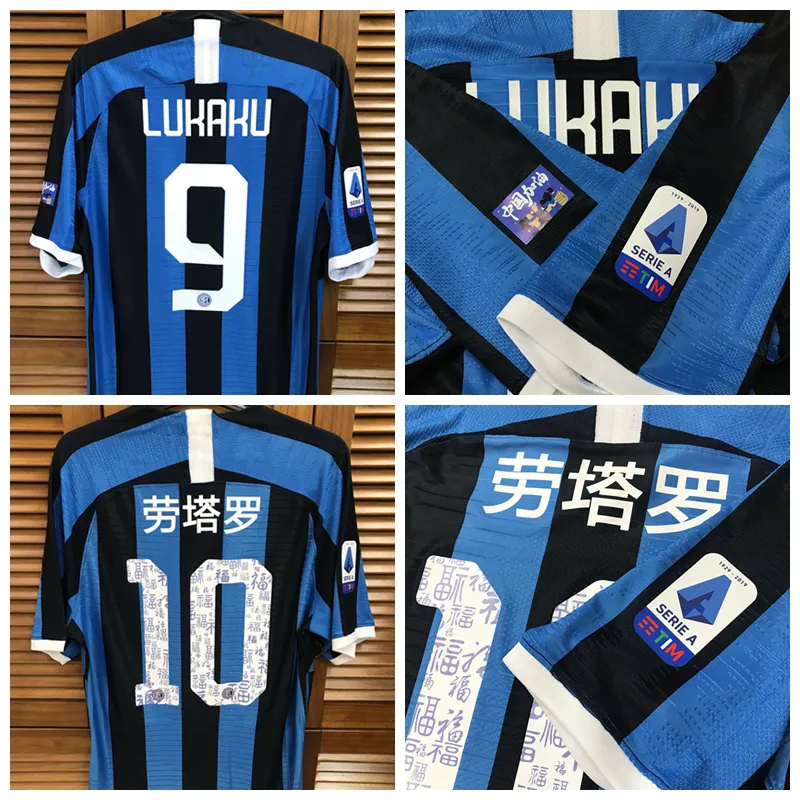 Treffer abgenutzter Spieler Ausgabe 19/20 In-M Home Shirt Jersey Kurzarm Lautaro Lukaku Barella Football Custom Patches Sponsor