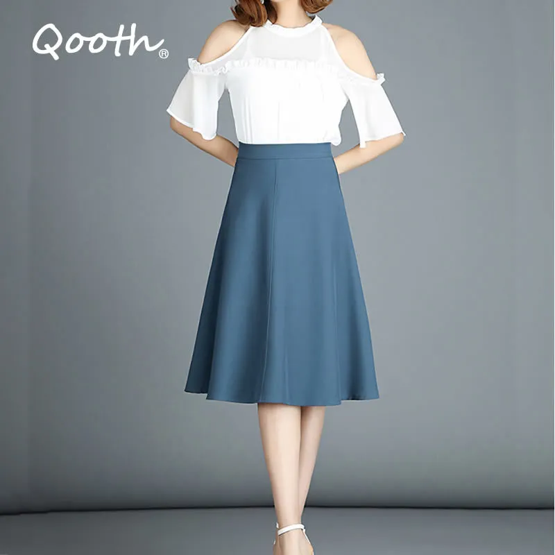 Qooth Office Lady Plus Size Skirt Spring Summer Women's High Waist Mid-length Solid Color A-line Large Swing 2XL Skirt QT565 210518