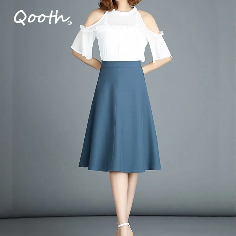 Qooth Office Lady Plus 크기 스커트 봄 여름 여성의 하이 허리 Mid-Length 단색 A 라인 대형 스윙 2XL 치마 QT565 210518