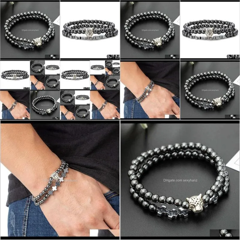 popular jewelry magnetic environmental protection black gallstone men`s leopard head set bracelet