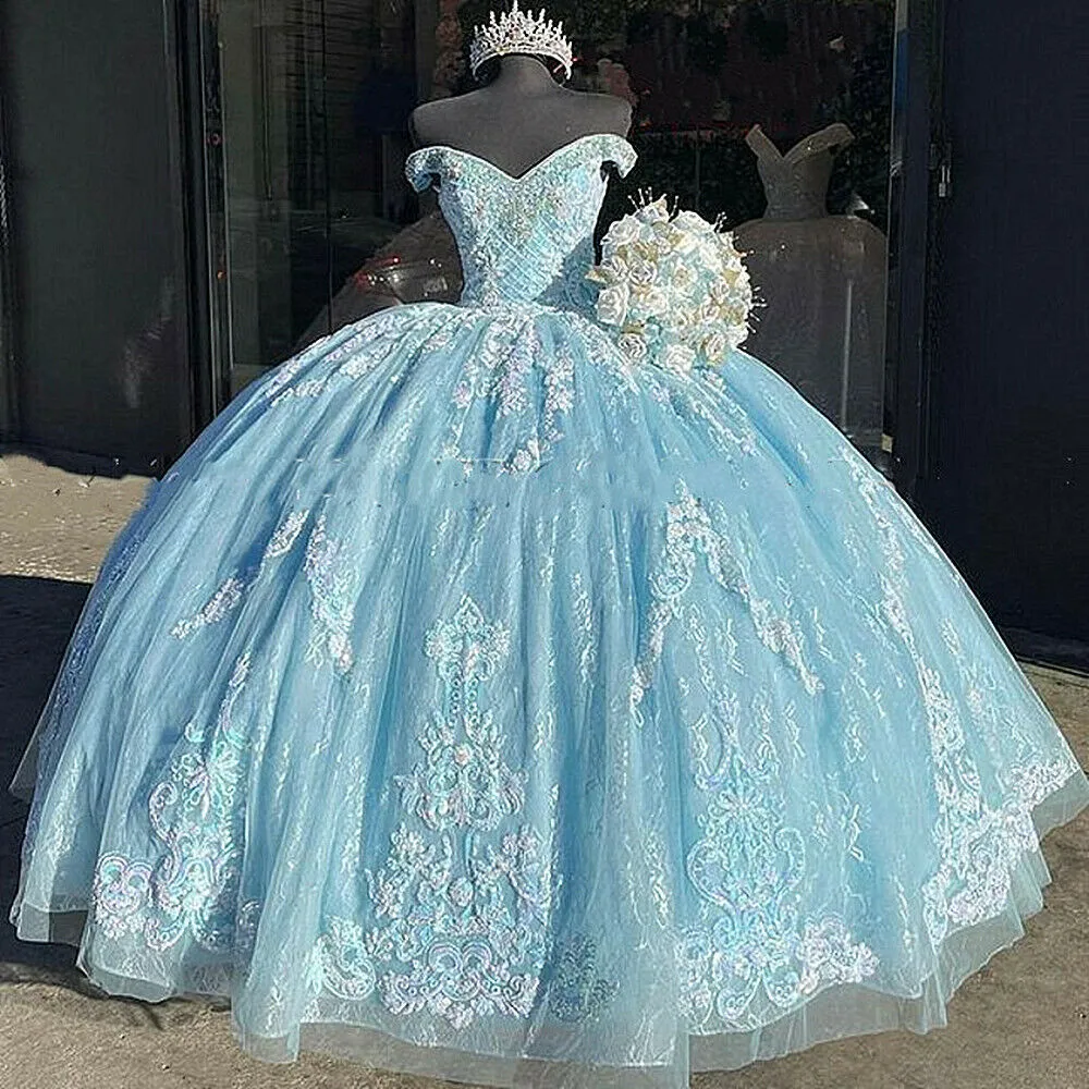 Céu azul quinceanera vestidos lace apliques frisados ​​fora do ombro doce 16 vestido plus size vestidos de festa de baile