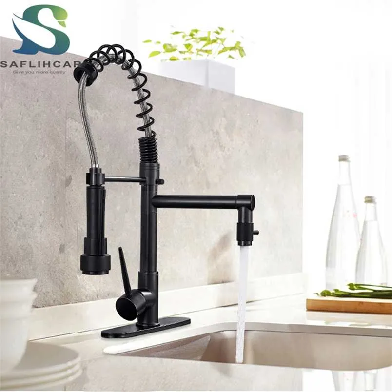 Svart brons utdragningsspray singelhandtag Double Outlet Kitchen Sink kran Montera en 360-graders roterande kran på däck 211108