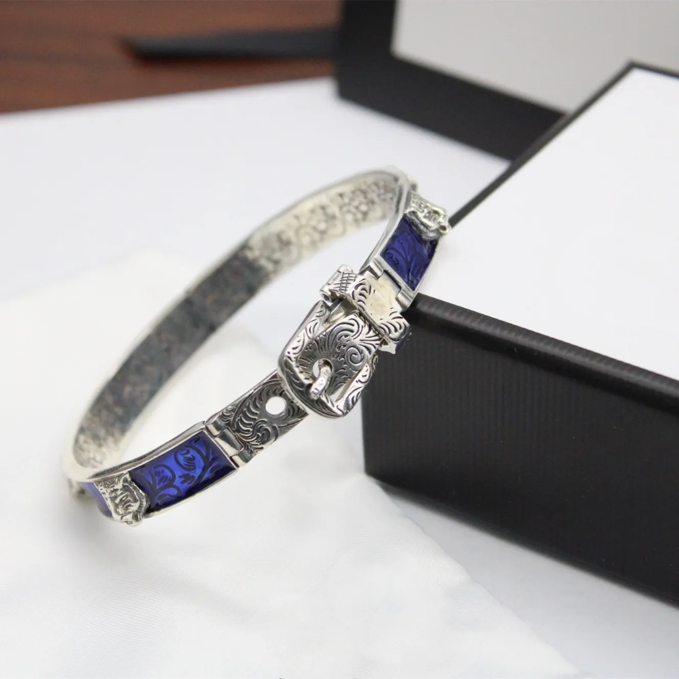 Meilleur Mode Bleu Dominateur Tigre Tête Bracelet Motif Émail Haute Qualité Argent Plaqué Vintage Bracelet Fourniture NRJ